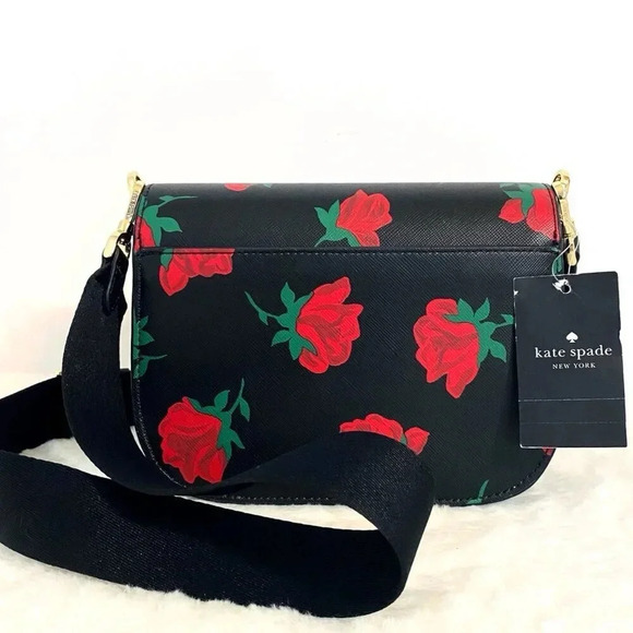 Kate Spade Purse Madison Black with Rose Print Saddle Bag NWT - Picture 6 of 12